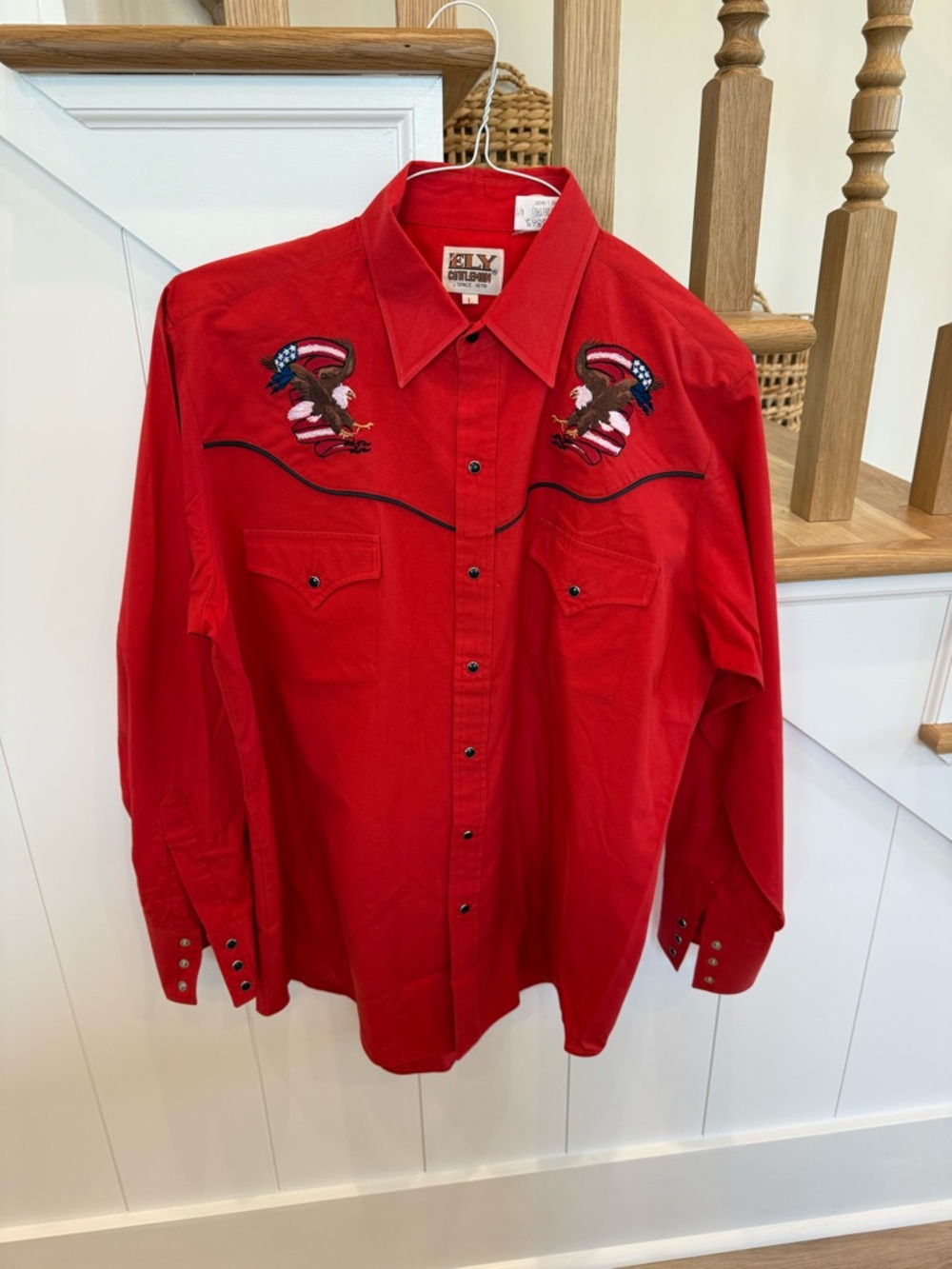 Ely Cattleman Vintage Red Western Pearl Snap Shirt Embroidered Eagle Men L